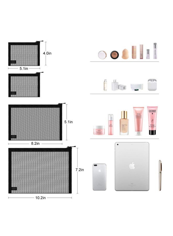 Mesh Pouch Make Up Bag With Zipper Cosmetic Organizer Pouch For Daily Or Travel To Keep Small Items 4 Pcs Black