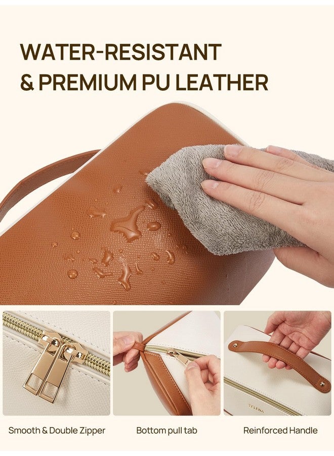 Makeup Bag Large Capacity Travel Cosmetic Bag Portable Pu Leather Water Resistant Makeup Organizer Bags For Women With Handle And Divider Open Flat Beige With Brown