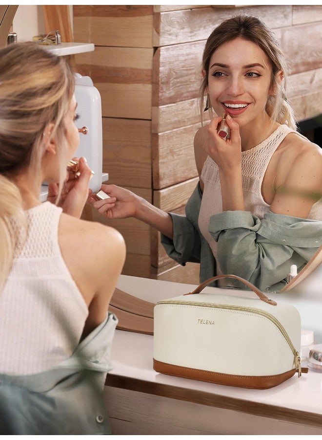 Makeup Bag Large Capacity Travel Cosmetic Bag Portable Pu Leather Water Resistant Makeup Organizer Bags For Women With Handle And Divider Open Flat Beige With Brown