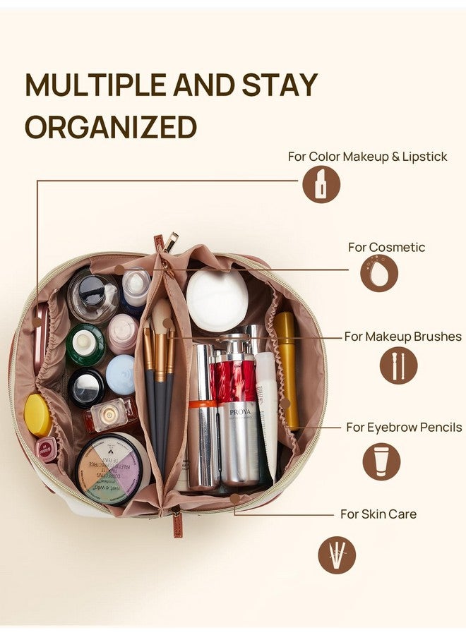 Makeup Bag Large Capacity Travel Cosmetic Bag Portable Pu Leather Water Resistant Makeup Organizer Bags For Women With Handle And Divider Open Flat Beige With Brown