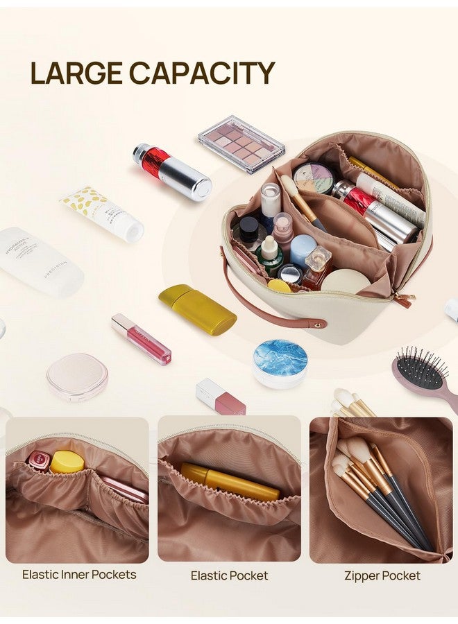 Makeup Bag Large Capacity Travel Cosmetic Bag Portable Pu Leather Water Resistant Makeup Organizer Bags For Women With Handle And Divider Open Flat Beige With Brown
