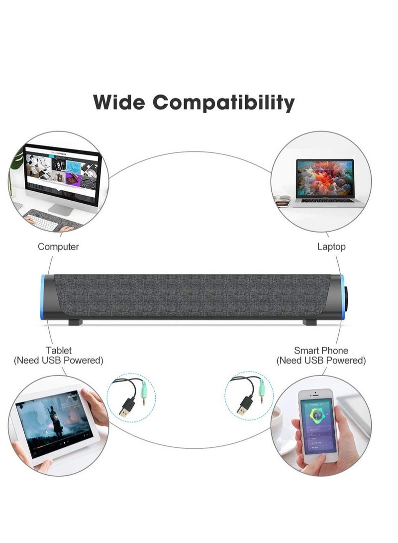 Computer Speakers, Wired USB-Powered Bluetooth V5.3 PC Sound Bar, Colorful RGB Lights with Switch Button, Surround Sound Portable Computer SoundBar Speaker for Desktop Laptop Phone(Black）