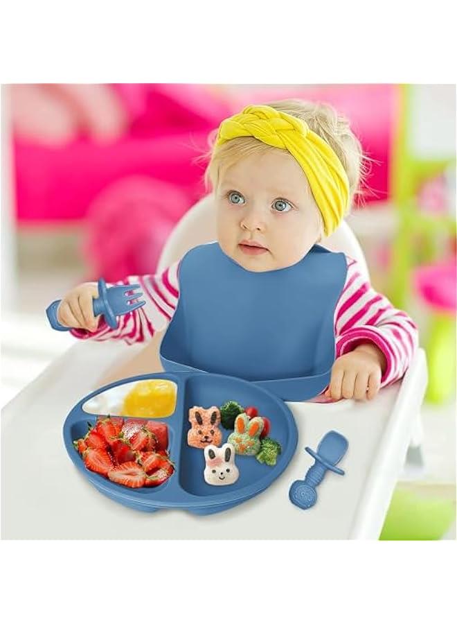 Silicone Baby Feeding Set, Baby Led Weaning Supplies with Suction Bowl Divided Plate, Toddler Self Feeding Dish Set with Spoons Forks Sippy Cup Adjustable Bib, Baby Eating Utensils(10 Pieces)