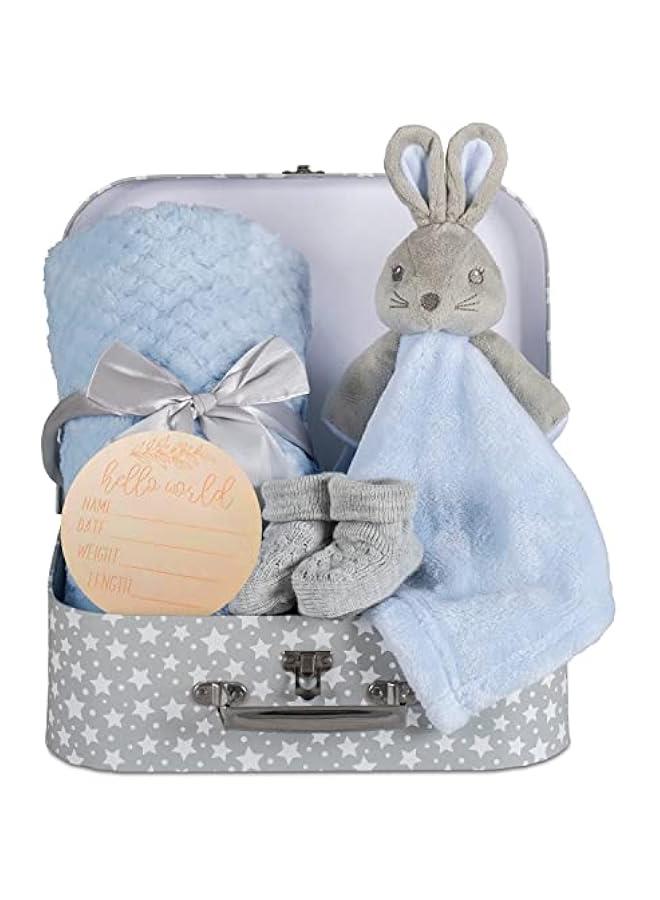 Baby Boy Gift Set New Born Baby Gifts Baby Blue Bunny Security Blanket Soft Fleece, Suitcase Keepsake Box Blanket Booties & Baby Gift Basket – Unique Present for Baby Shower & Newborn Lovey Welcome