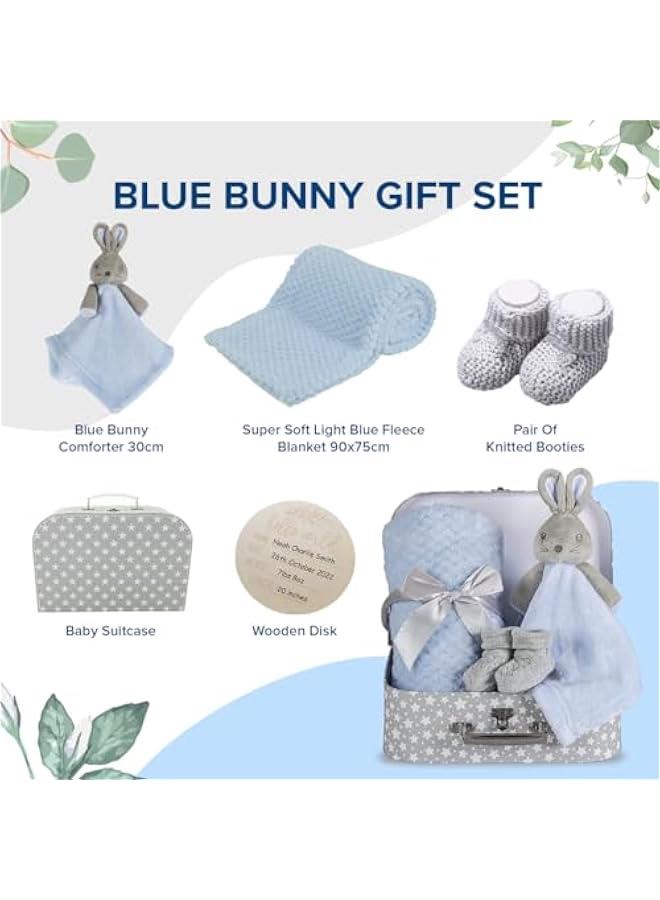 Baby Boy Gift Set New Born Baby Gifts Baby Blue Bunny Security Blanket Soft Fleece, Suitcase Keepsake Box Blanket Booties & Baby Gift Basket – Unique Present for Baby Shower & Newborn Lovey Welcome