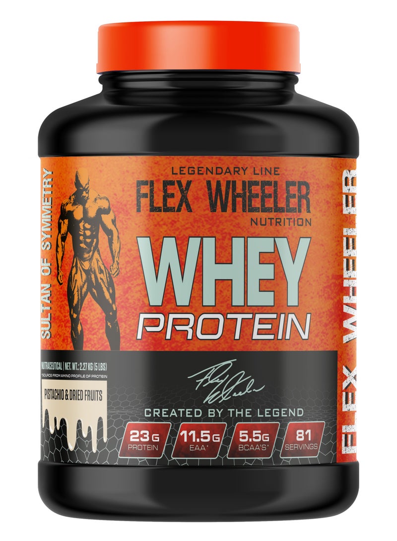 Flex Wheeler 100% Premium Whey Protein - Pistachio & Dry Fruits, 2.27kg (81 Servings)