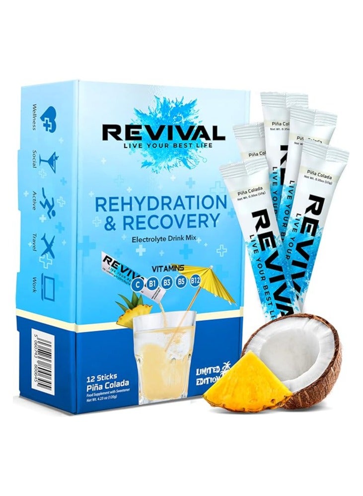 Revival Rapid Rehydration, Electrolytes Powder - High Strength Vitamin C, B1, B3, B5, B12 Supplement Sachet Drink, Effervescent Electrolyte Hydration - 12 Pack Pina Colada (12 Count (Pack of 1))