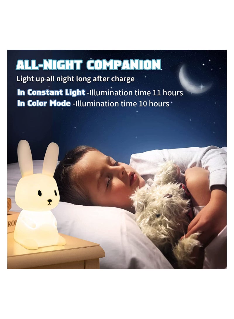 Night Light for Kids, Cute Bunny Night Light Gifts for Kids Room Nursery Baby Bedroom Toddler Teen Girls Kawaii Room Decor, Rechargeable Silicone Bunny Cute Lamp with 3 Hours Time & 7 Colors