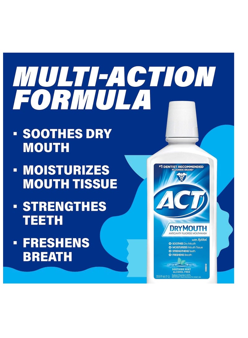 ACT Dry Mouth Anticavity Zero Alcohol Fluoride Mouthwash, Soothing Mint, 33.8 fl. oz.