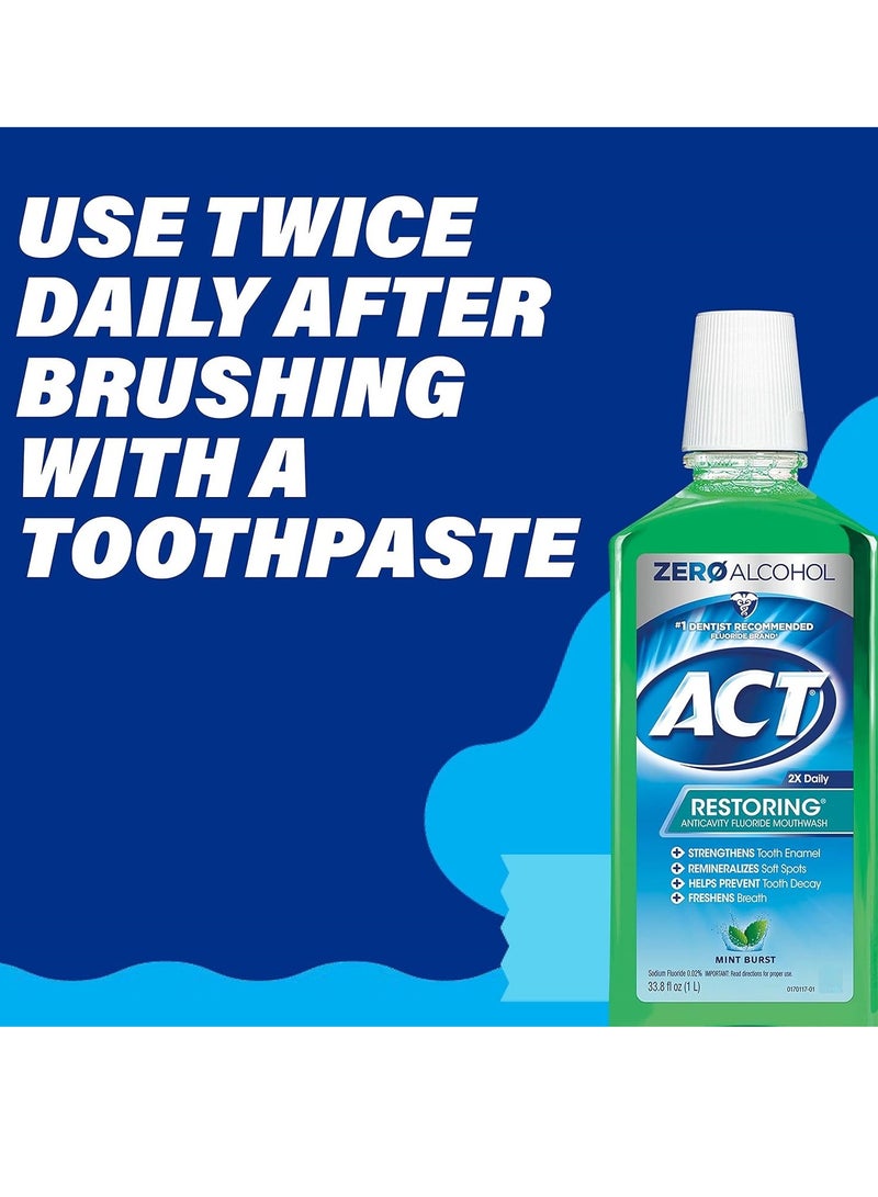 ACT Restoring Zero Alcohol Fluoride Mouthwash 33.8 fl. oz. Strengthens Tooth Enamel, Mint Burst