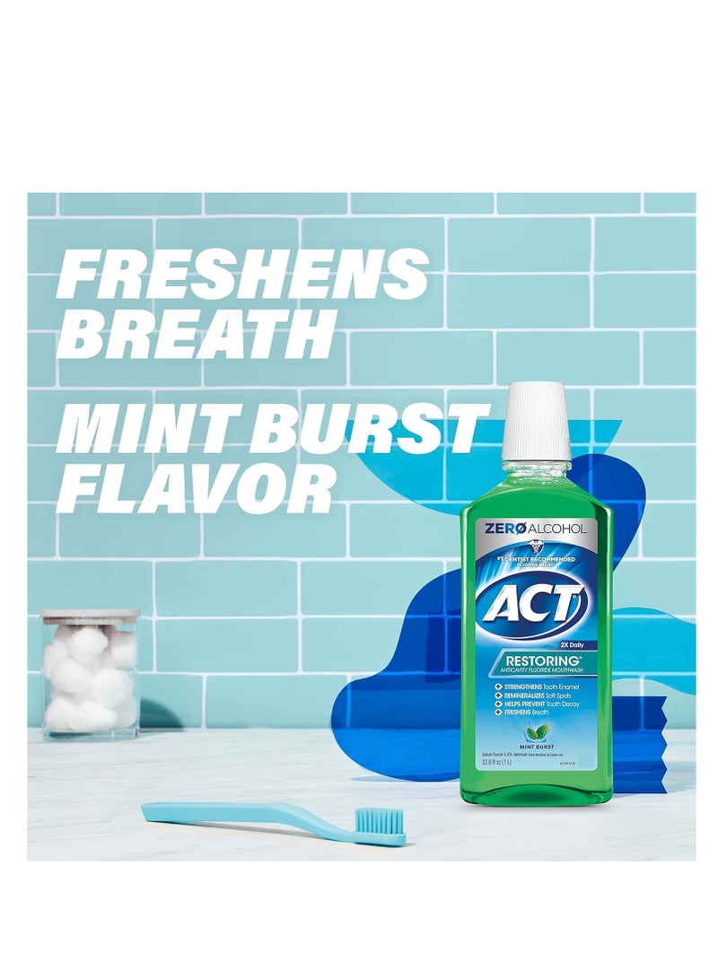 ACT Restoring Zero Alcohol Fluoride Mouthwash 33.8 fl. oz. Strengthens Tooth Enamel, Mint Burst