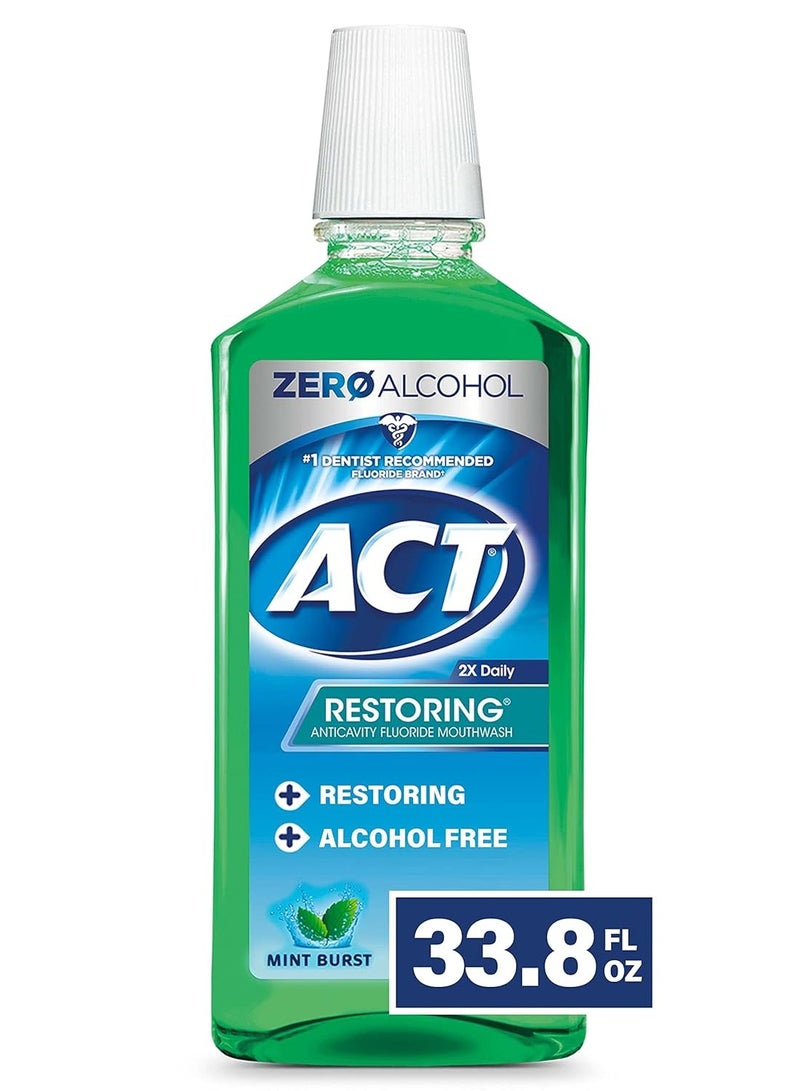 ACT Restoring Zero Alcohol Fluoride Mouthwash 33.8 fl. oz. Strengthens Tooth Enamel, Mint Burst