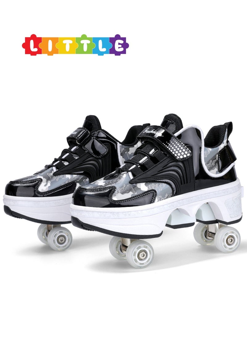 Little Rockz Double Row Skate Sneakers Shoes, 2 in 1 Parkour Shoes with Wheels for for Adult Kids Retractable Pulley Roller Skate Shoes