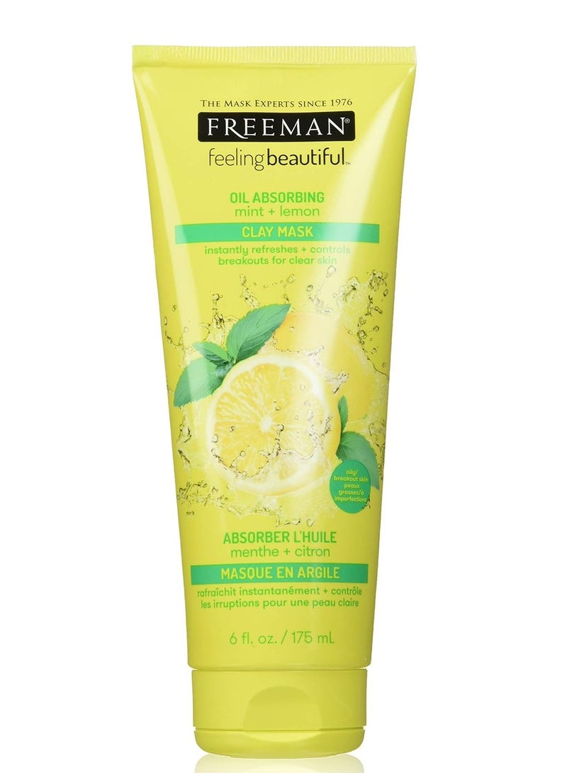 Freeman Oil Absorbing Mint & Lemon Clay Mask, Facial Mask, Skincare, 6 fl oz tube/175 mL