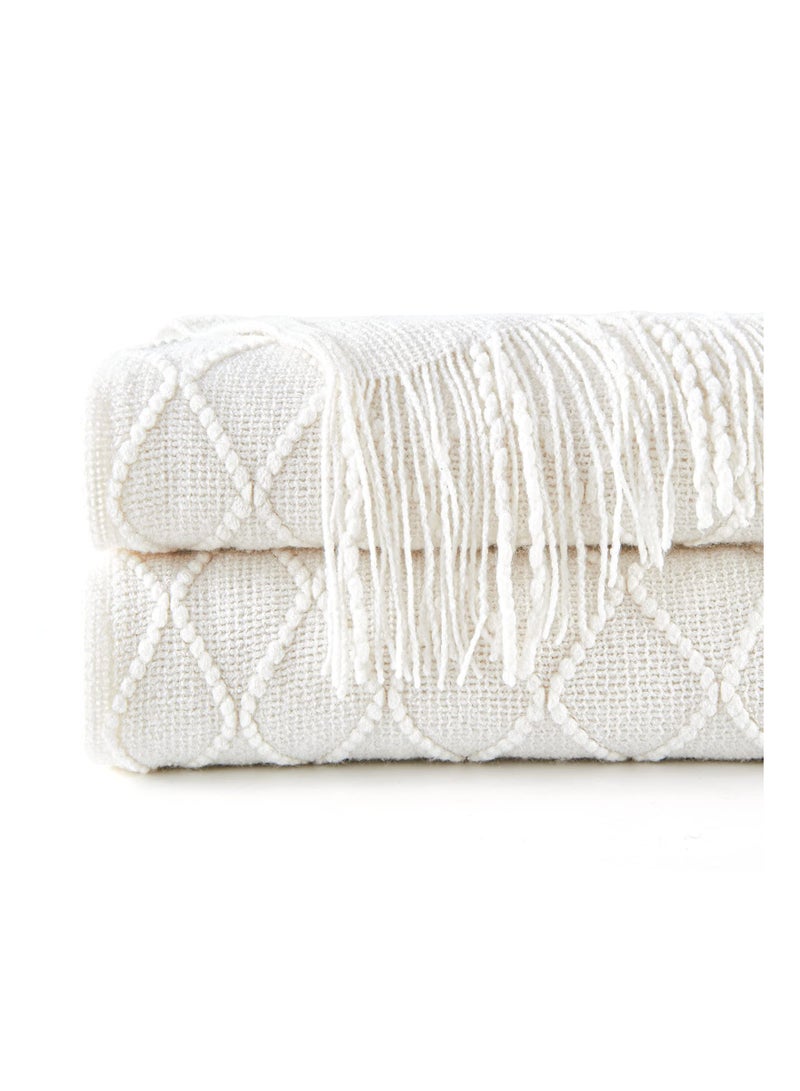 Cozy Off-White Knitted Throw Blanket with Tassels, Lightweight Decorative Blanket for Couch and Bed, Farmhouse Style Woven Blanket for Men and Women (127CM x 180CM)