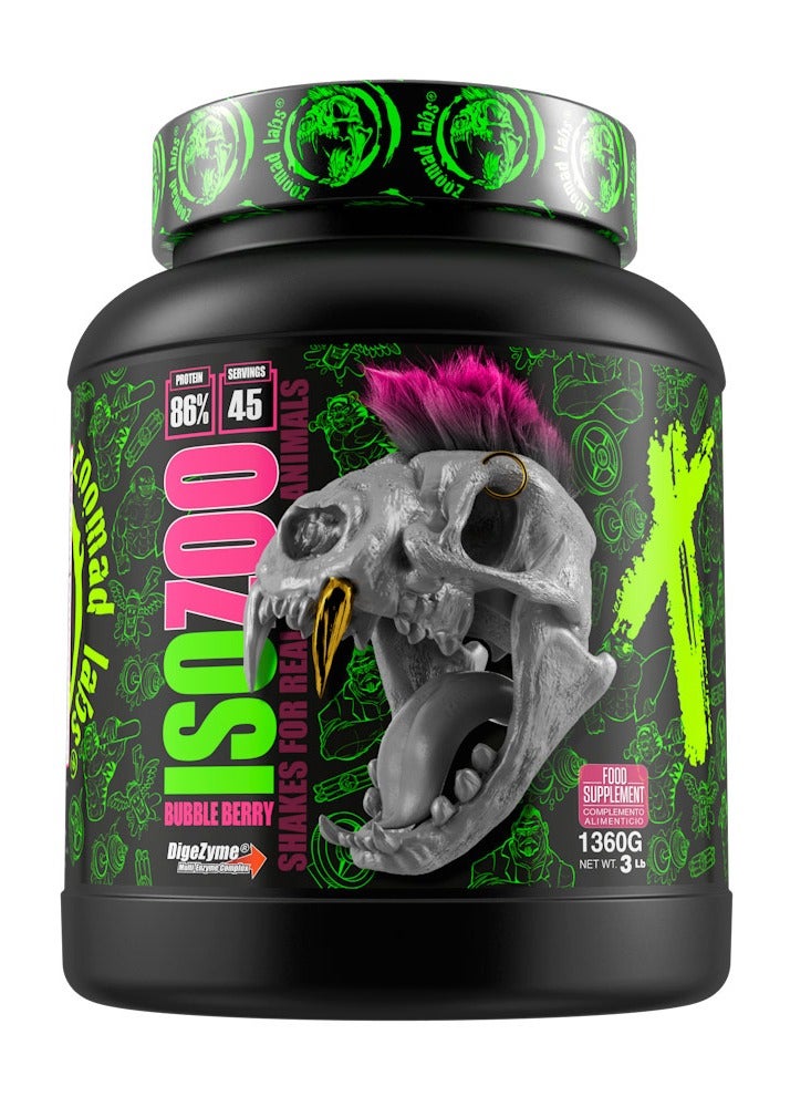 Zoomad Labs ISOZOO - Premium Whey Protein Isolate, 89% Pure Protein,1360g (3lb), Bubble Berry Flavor, 45 Servings