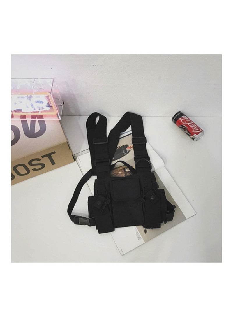 Black Chest Bag for Two Way Radios Adjustable Shoulder Harness Front Pack Pouch for Walkie Talkie Gear