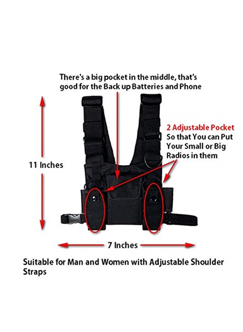 Black Chest Bag for Two Way Radios Adjustable Shoulder Harness Front Pack Pouch for Walkie Talkie Gear