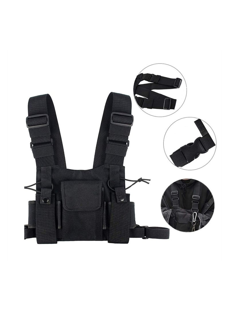 Black Chest Bag for Two Way Radios Adjustable Shoulder Harness Front Pack Pouch for Walkie Talkie Gear