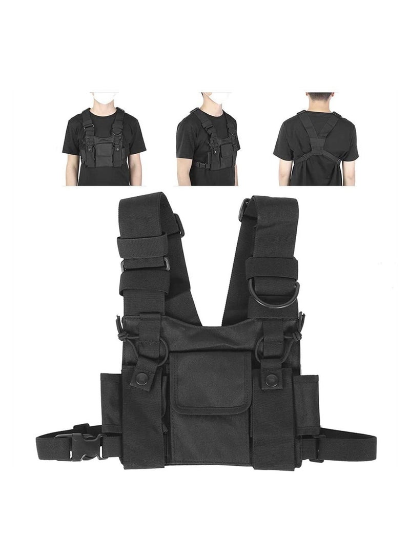 Black Chest Bag for Two Way Radios Adjustable Shoulder Harness Front Pack Pouch for Walkie Talkie Gear