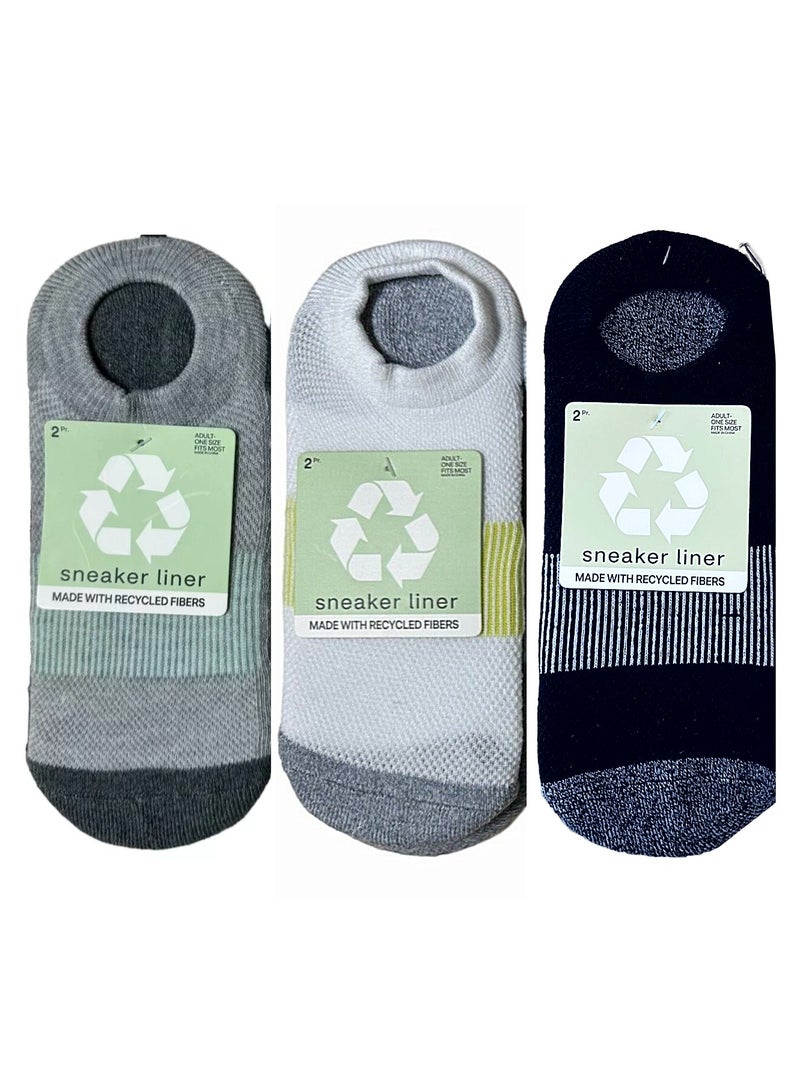 Sneaker Liner Socks Adult One Size Fits Most, 6 Pair White Grey Black, Packs Of 3