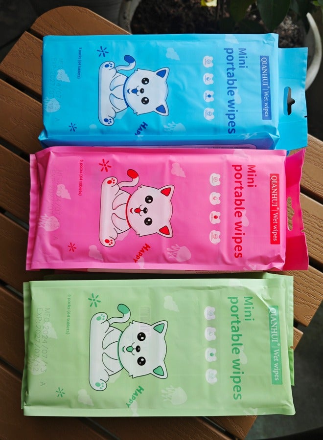 3-color large bag 6 * 64 384 pieces mini wet wipes baby hand and mouth wet wipes care portable independent packaging hygiene small bag mother and baby wet wipes