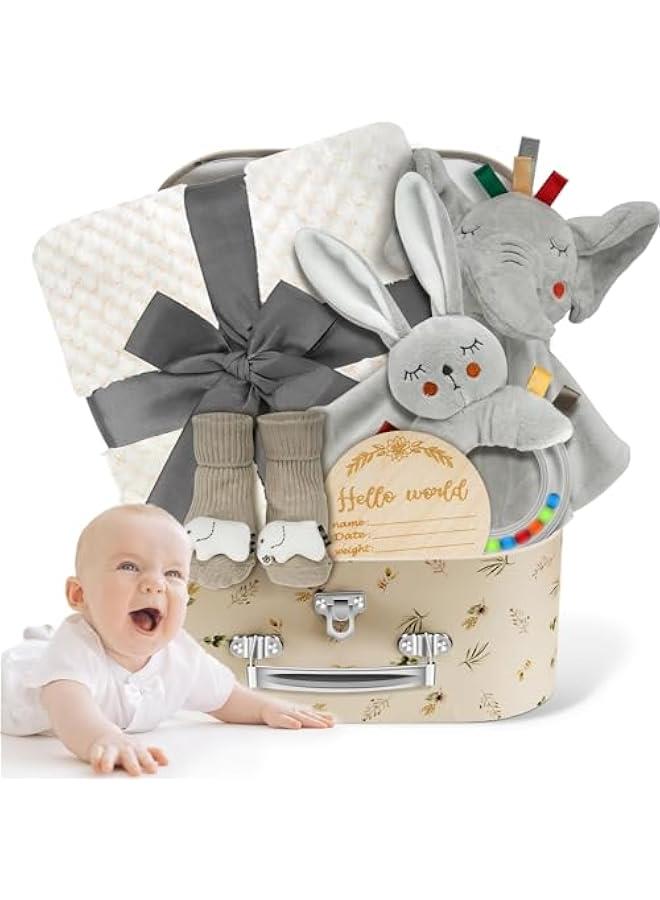 Baby Boy Gift Basket Set, Unique Baby Gift Basket Set, New Baby Boy Gift Basket, New Baby Gift Basket Set with Baby Blanket, Baby Rattle, Bunny, Keepsake Milestone, Elephant Toy, Baby Socks