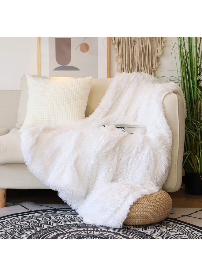 Decorative Extra Soft Faux Fur Throw Blanket 50 X 60 Solid Reversible Fuzzy Lightweight Long Hair Blanket Fluffy Cozy Plush Fleece Comfy Microfiber Fur Blanket For Couch Sofa Bed Pure White