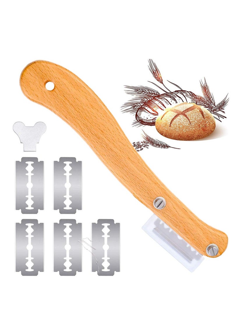 Ergonomic Bread Slicer with Wooden Handle and Stainless Steel Blades, Includes 5 Replaceable Dough Scoring Knives for Perfect Bread Making - Essential Kitchen Accessory.