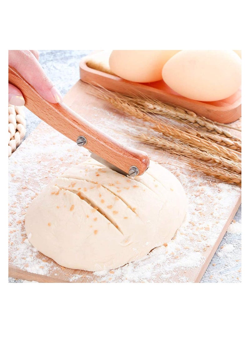 Ergonomic Bread Slicer with Wooden Handle and Stainless Steel Blades, Includes 5 Replaceable Dough Scoring Knives for Perfect Bread Making - Essential Kitchen Accessory.