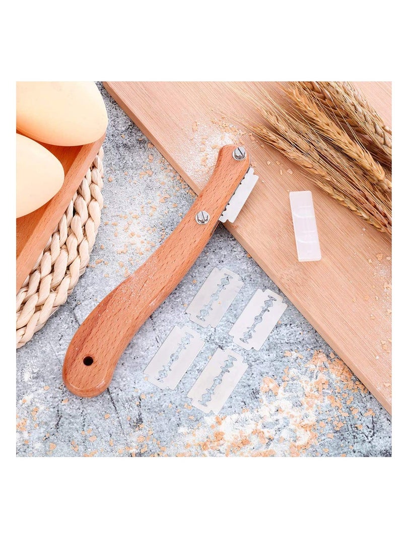 Ergonomic Bread Slicer with Wooden Handle and Stainless Steel Blades, Includes 5 Replaceable Dough Scoring Knives for Perfect Bread Making - Essential Kitchen Accessory.