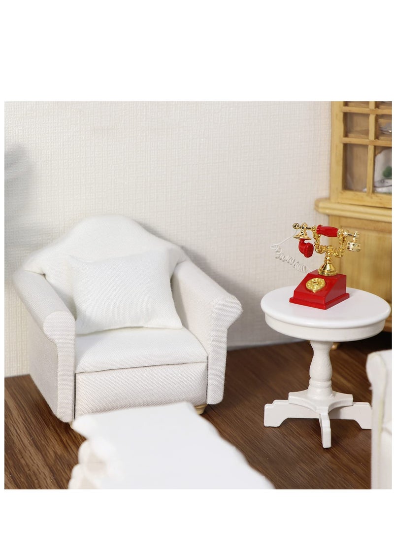 Miniature Dollhouse Couch with Pillow, 1:12 Scale Wooden Sofa for Living Room Decoration, White Fabric Armchair for Dollhouse Scenes