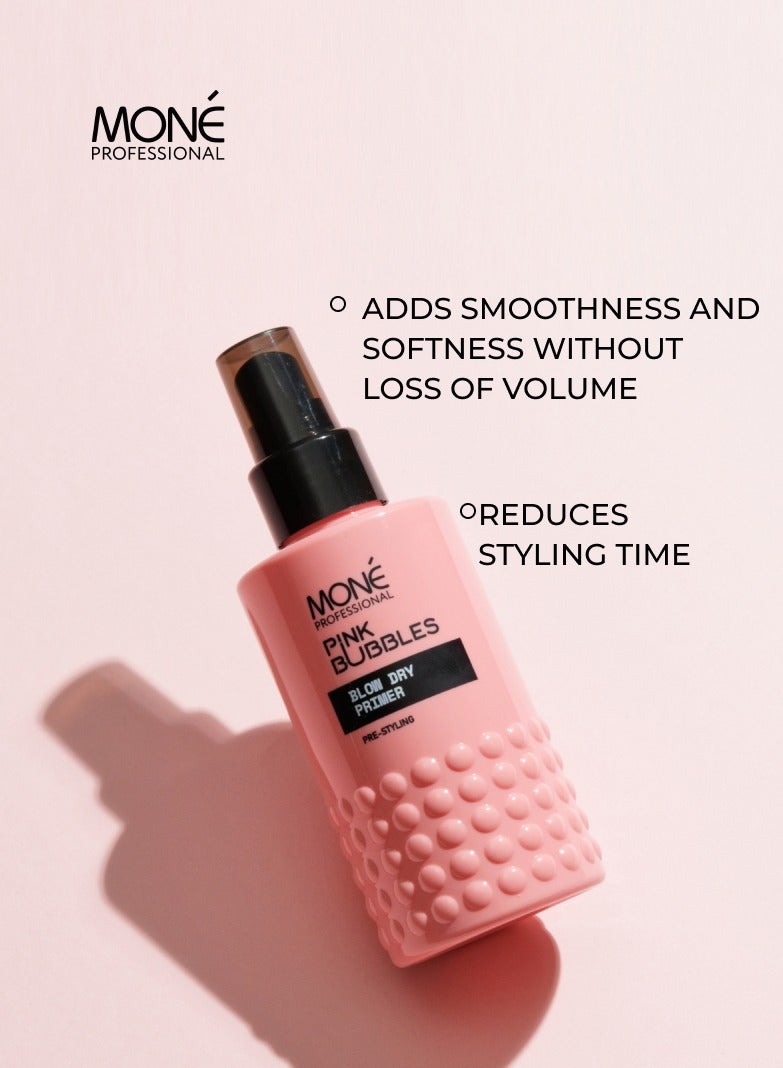 PINK BUBBLES BLOW DRY PRIMER - for smoothness and hair density, pre-styling care, adds smoothness and thickness, makes hair manageable and fuller, light hold with heat protection, perfumed with velvet scent (creamy sandalwood, jasmine petals, apricot pulp, velvety tonka beans), 150ml