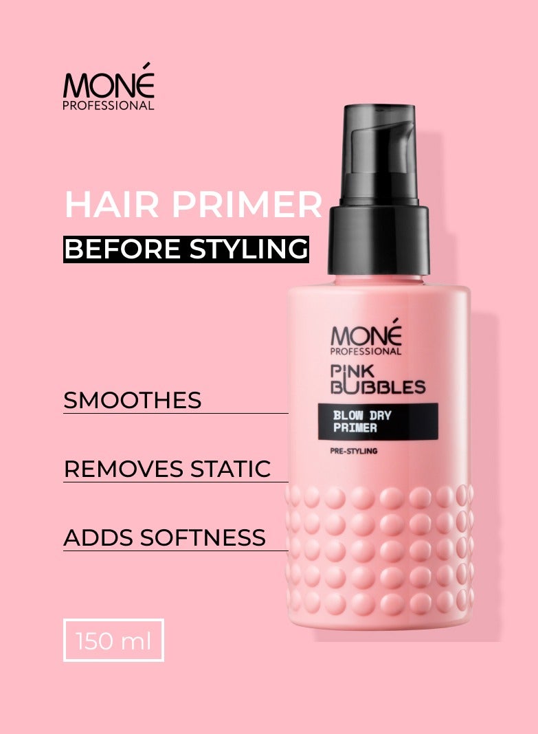 PINK BUBBLES BLOW DRY PRIMER - for smoothness and hair density, pre-styling care, adds smoothness and thickness, makes hair manageable and fuller, light hold with heat protection, perfumed with velvet scent (creamy sandalwood, jasmine petals, apricot pulp, velvety tonka beans), 150ml