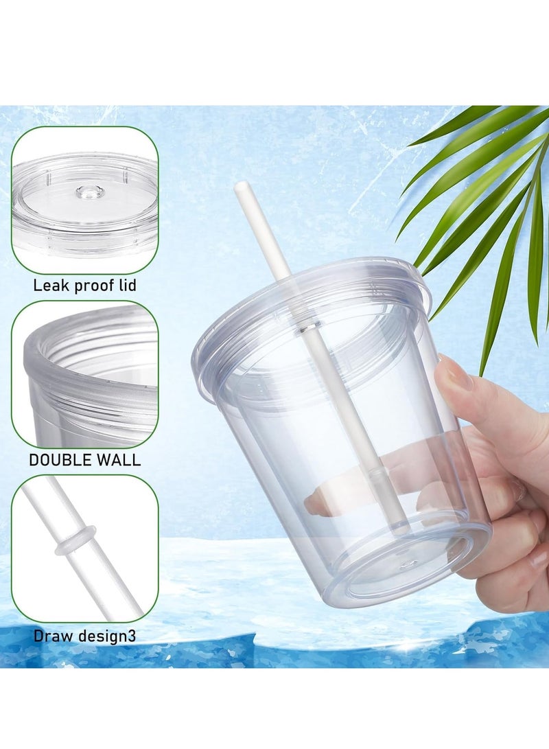 Kids' Clear 12 oz Insulated Acrylic Double Wall Cup with Lid and Straw - Reusable Plastic Drinkware for Toddlers, Set of 6