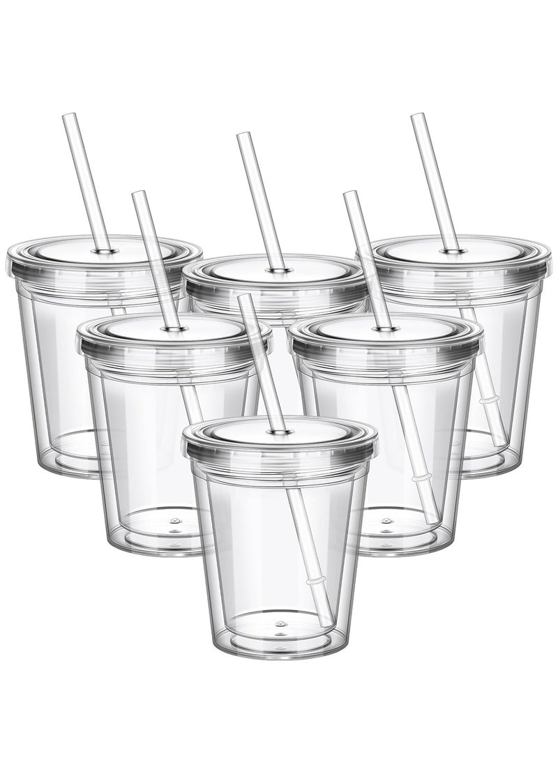 Kids' Clear 12 oz Insulated Acrylic Double Wall Cup with Lid and Straw - Reusable Plastic Drinkware for Toddlers, Set of 6