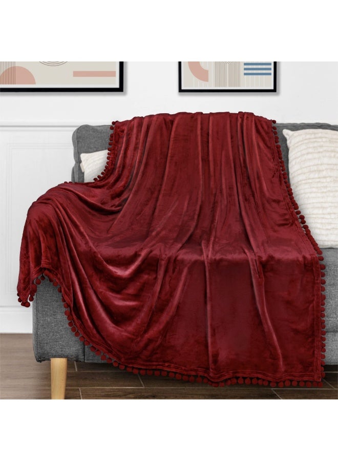 Pavilia Maroon Red Throw Blanket Pom Pom Couch  Twin Size  Soft Fleece Cozy Pompom Fringe Sofa Blanket  Decorative Home Gift Flannel Velvet Bed Throw  Burgundy Wine  60X80