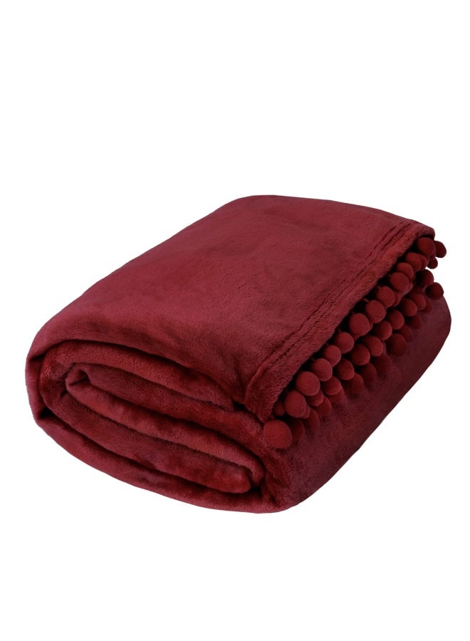 Pavilia Maroon Red Throw Blanket Pom Pom Couch  Twin Size  Soft Fleece Cozy Pompom Fringe Sofa Blanket  Decorative Home Gift Flannel Velvet Bed Throw  Burgundy Wine  60X80