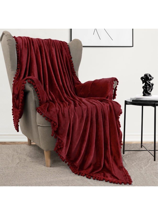 Pavilia Maroon Red Throw Blanket Pom Pom Couch  Twin Size  Soft Fleece Cozy Pompom Fringe Sofa Blanket  Decorative Home Gift Flannel Velvet Bed Throw  Burgundy Wine  60X80