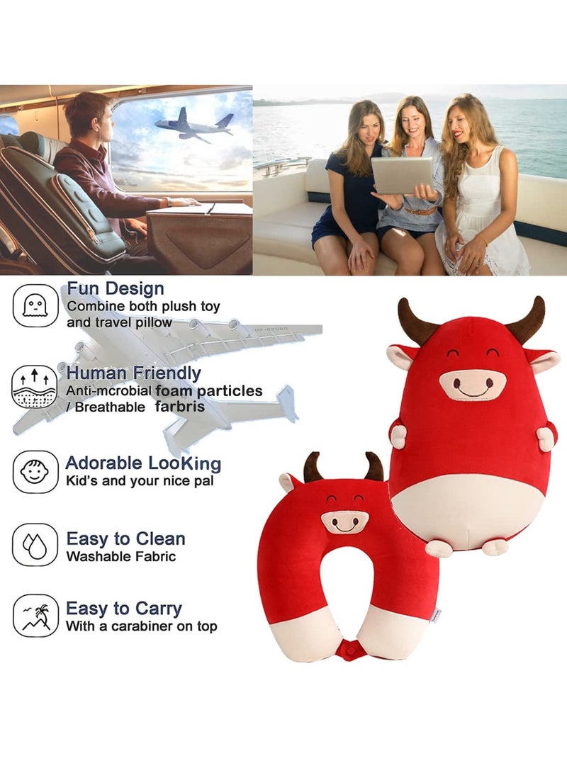 Convertible 2-in-1 Travel Pillow - Cartoon Cow Shaped U-Shape Neck Pillow & Plush Doll for Relaxation and Sleep, Perfect for Adults and Kids (Red)