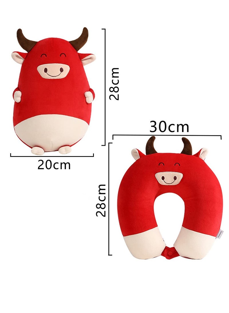 Convertible 2-in-1 Travel Pillow - Cartoon Cow Shaped U-Shape Neck Pillow & Plush Doll for Relaxation and Sleep, Perfect for Adults and Kids (Red)