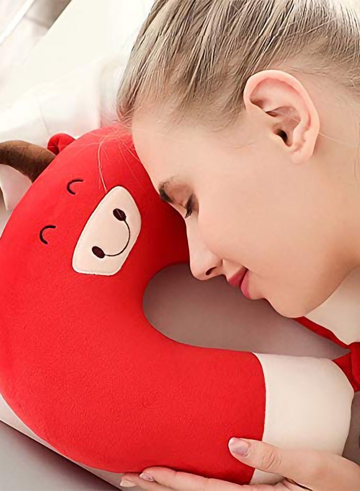 Convertible 2-in-1 Travel Pillow - Cartoon Cow Shaped U-Shape Neck Pillow & Plush Doll for Relaxation and Sleep, Perfect for Adults and Kids (Red)