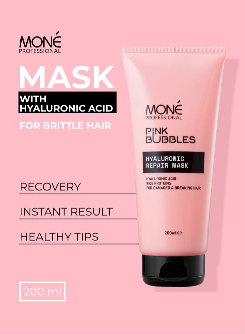 PINK BUBBLES HYALURONIC REPAIR MASK - moisturizing and restorative mask with hyaluronic acid, perfumed with sweet vanilla scent (whipped cream, vanilla custard, chestnut, cashmere wood, pink pepper), visible results after first use, suitable for severely damaged and colored hair, 200ml