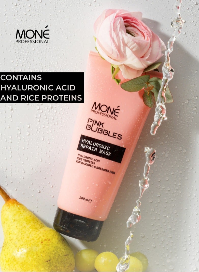 PINK BUBBLES HYALURONIC REPAIR MASK - moisturizing and restorative mask with hyaluronic acid, perfumed with sweet vanilla scent (whipped cream, vanilla custard, chestnut, cashmere wood, pink pepper), visible results after first use, suitable for severely damaged and colored hair, 200ml