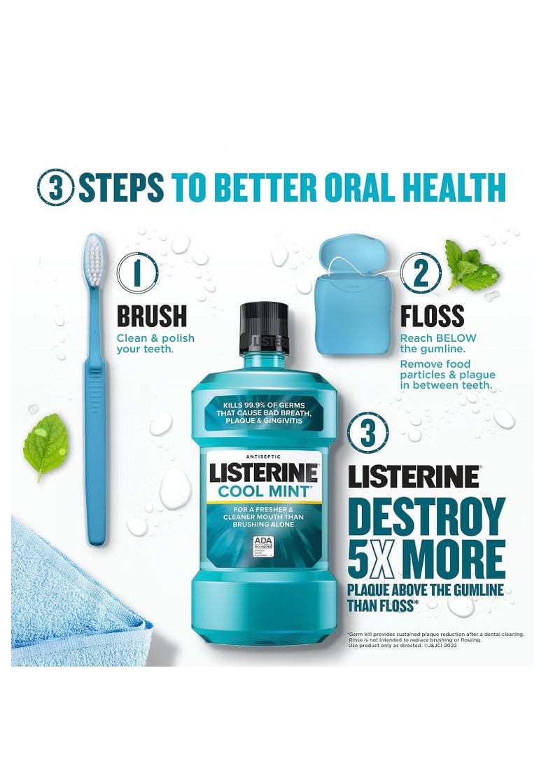 Listerine Cool Mint Antiseptic Mouthwash, Daily Oral Rinse Kills 99% of Germs that Cause Bad Breath, Plaque and Gingivitis for a Fresher, Cleaner Mouth, Cool Mint Flavor, 1.5 L