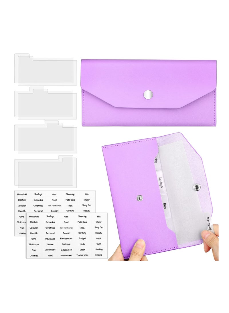 11-Piece Reusable Cash Envelope Wallet Set - PU Leather Budget Envelopes with Cash Dividers and Tab Stickers for Bill Planning (Purple)