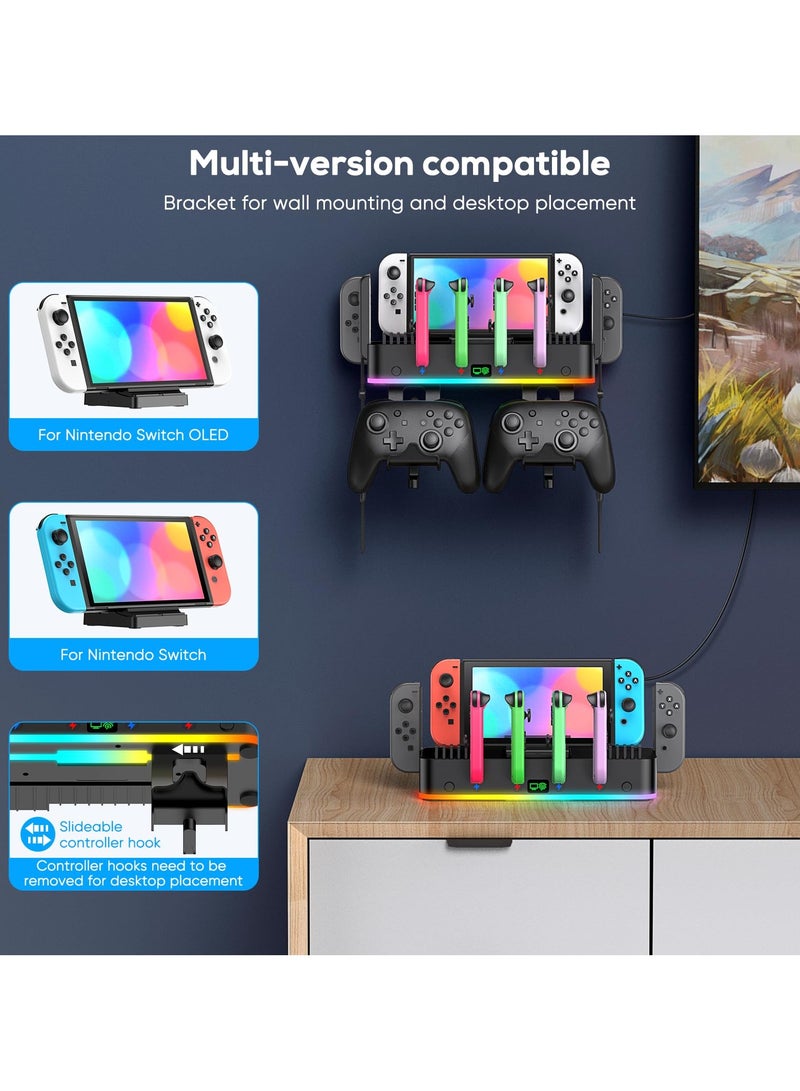 Switch Wall Mount with Charger, Wall Mount Kit Shelf for Nintendo Switch OLED, Controller Charging Dock Base with 15 Light Mode & 4 USB Port, Switch Organizer for 10 Card Slots