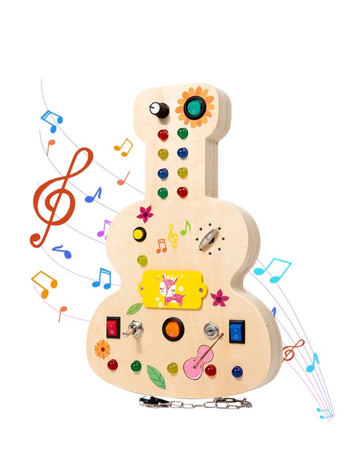 Wooden Montessori Musical Busy Board for Toddlers 3-5, with Mechanical Turner, Colorful Bulbs, Switches, Buttons, Guitar Shape, Enhances Sensory and Motor Skills