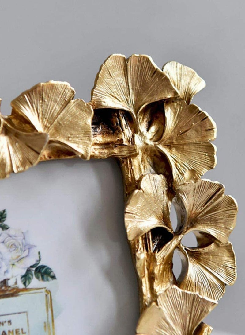 Photo Frame, Polyresin Picture Frame Gold Ginkgo Leaves for Photo Lovers Home Decoration Ornament Gifts Golden Vintage Table Top Display and Personalized Gallery Wall Hanging Home Decor (Gold)