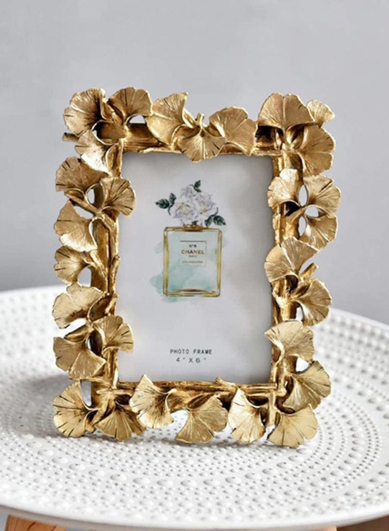 Photo Frame, Polyresin Picture Frame Gold Ginkgo Leaves for Photo Lovers Home Decoration Ornament Gifts Golden Vintage Table Top Display and Personalized Gallery Wall Hanging Home Decor (Gold)